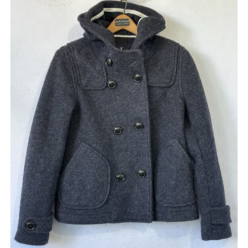 American Eagle Wool Pea Jacket Bluish Grey Lined Hooded Pockets Women's M